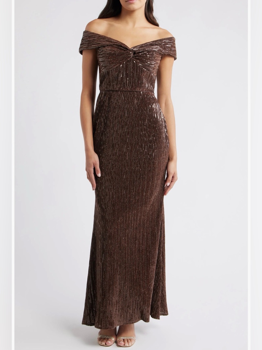 Eliza J Sequin Twist Off the Shoulder Gown
